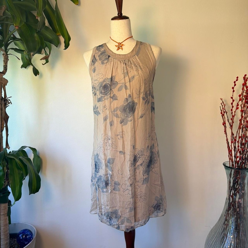 H Trend Vintage Italian Silk Floral Flowy Boho Dress Nude Periwinkle Small